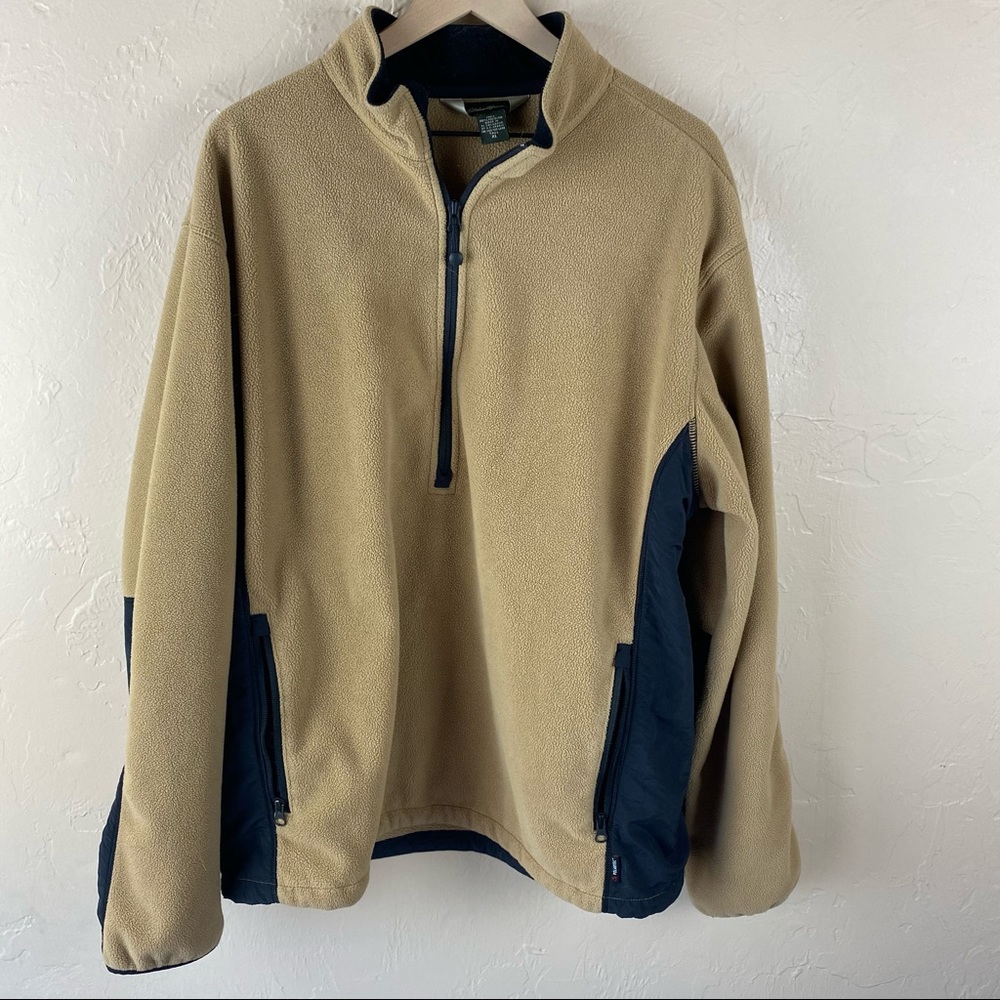 Eddie Bauer Polartec Tan Black Fleece Pullover Jacket Zippered Pocket Half Zip